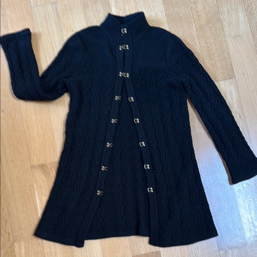Black Margaret O’Leary Size S Long Knit Cardigan with Gold Accents